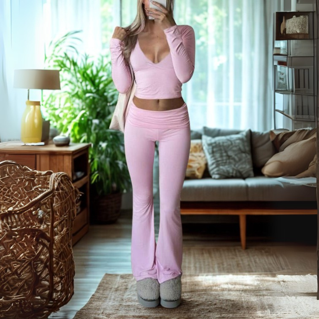 SINA™ - Cozy V-Neck Long Sleeve Crop Top & Trouser Set