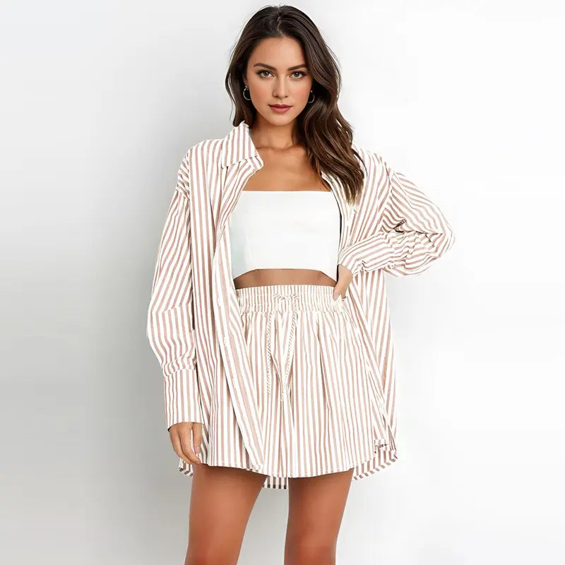 TIFY™ – Chic Striped Collared Shirt with Wide-Leg Shorts Set