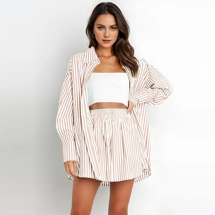TIFY™ – Chic Striped Collared Shirt with Wide-Leg Shorts Set