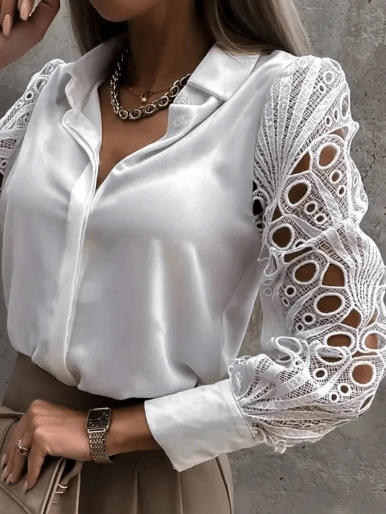 Beth Satin Blouse with Lace Statement Sleeves