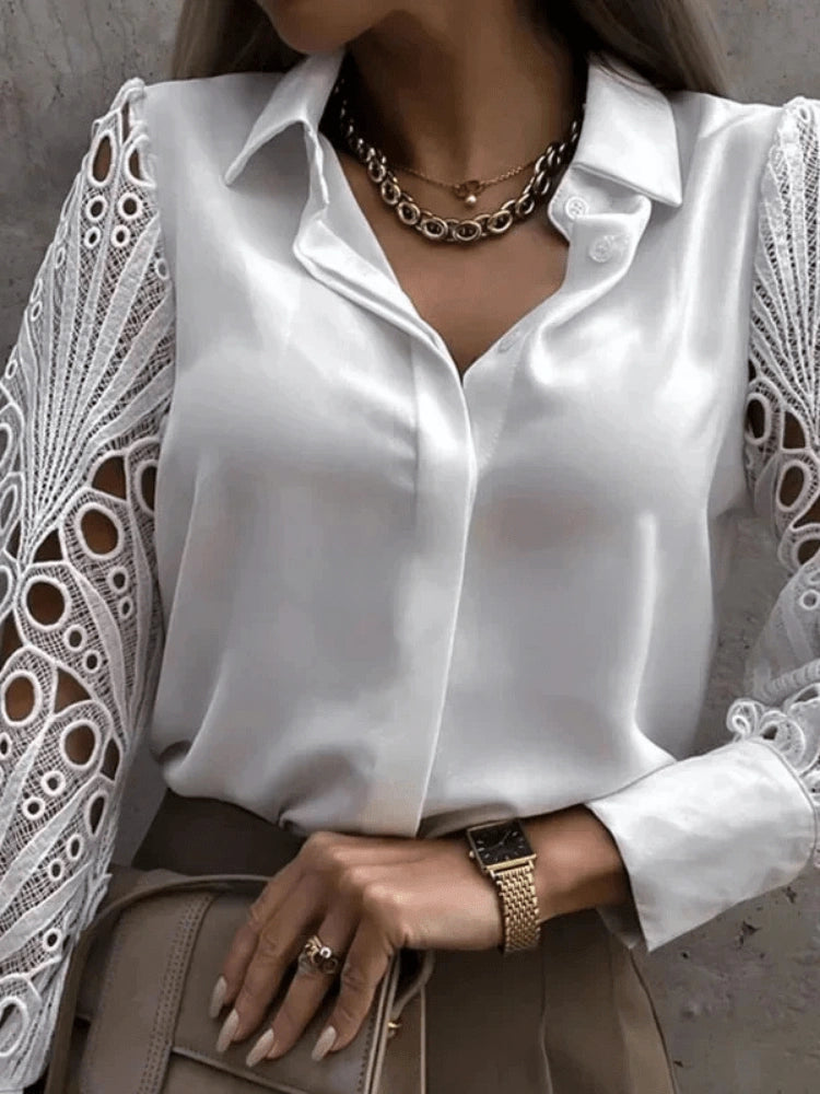 Beth Satin Blouse with Lace Statement Sleeves