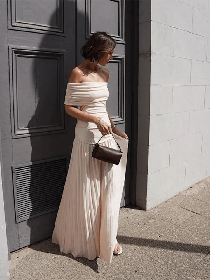 Kim Off-Shoulder Pleated Maxi Dress in Cream