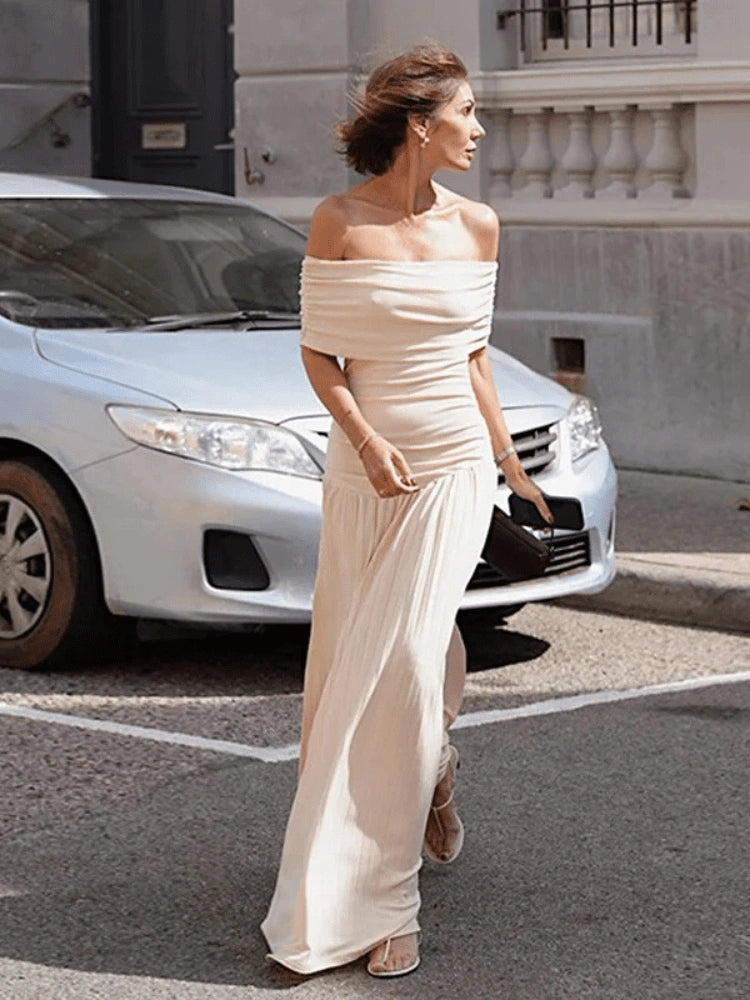 Kim Off-Shoulder Pleated Maxi Dress in Cream