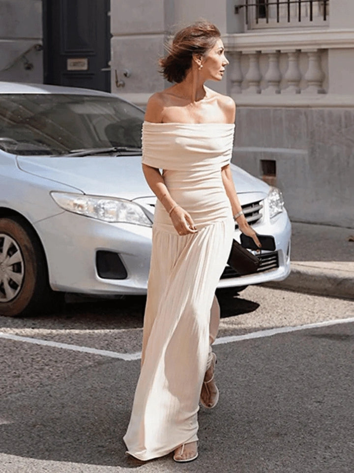 Kim Off-Shoulder Pleated Maxi Dress in Cream