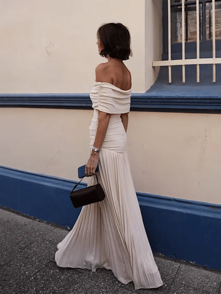 Kim Off-Shoulder Pleated Maxi Dress in Cream