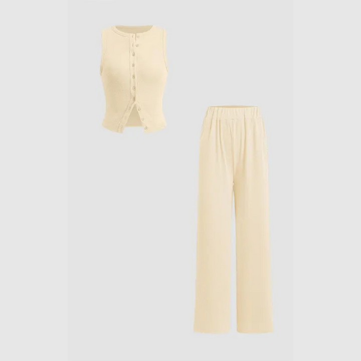 CLAIRE™ - Stylish Ribbed Button Tank and Pant Set