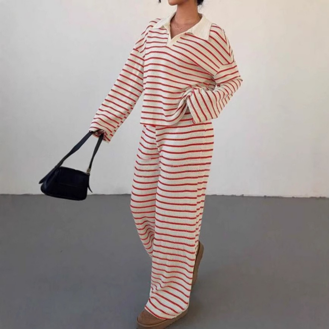 SALI™ Striped V-Neck Long Sleeve Top and Pants Set - Perfect for Casual Outings