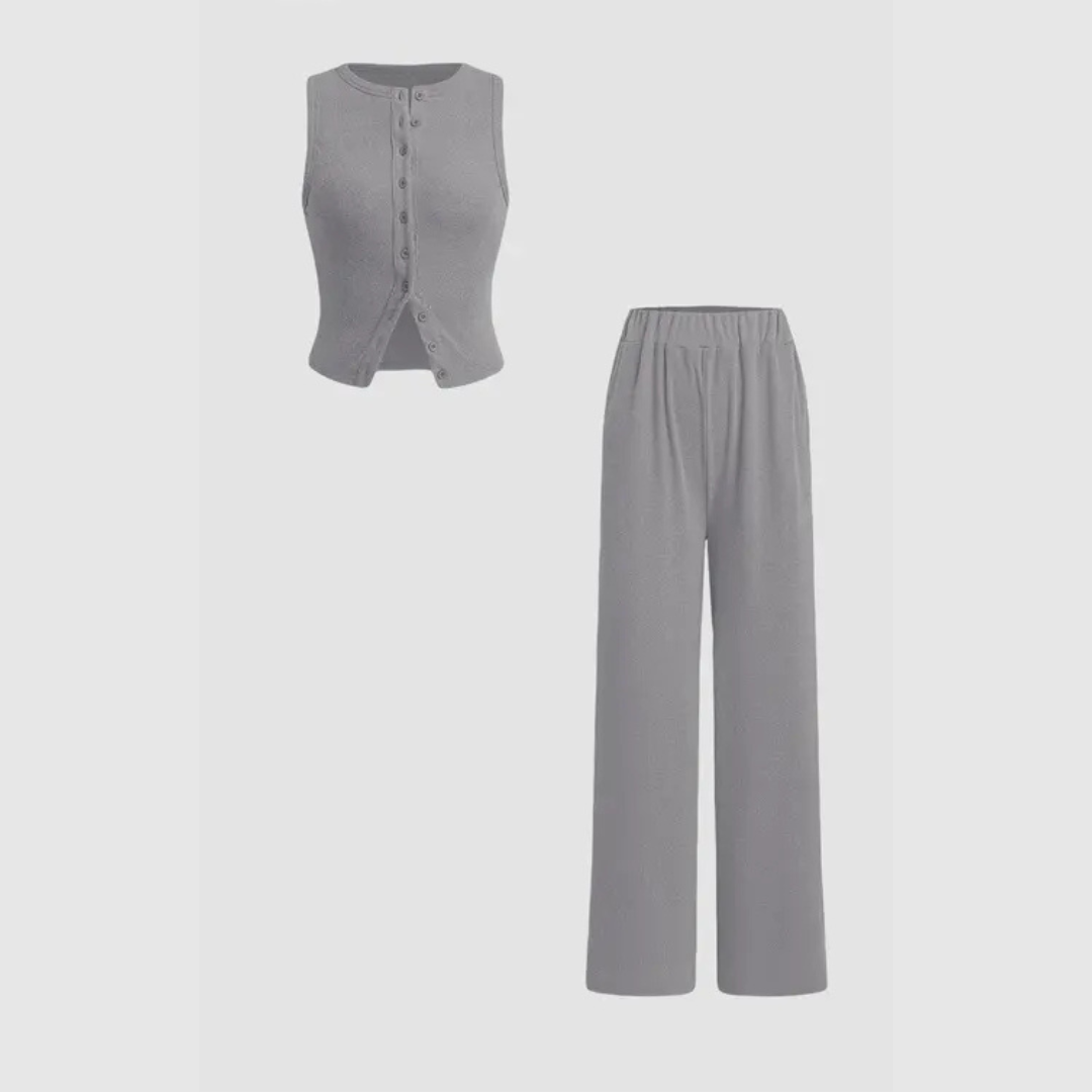 CLAIRE™ - Stylish Ribbed Button Tank and Pant Set