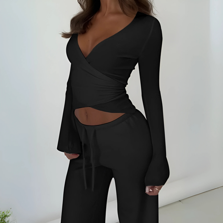 LETISA™ - Chic V-Neck Long Sleeve Top and Coordinating Pants Set