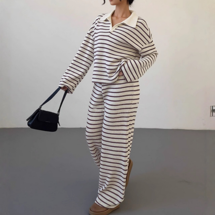 SALI™ Striped V-Neck Long Sleeve Top and Pants Set - Perfect for Casual Outings