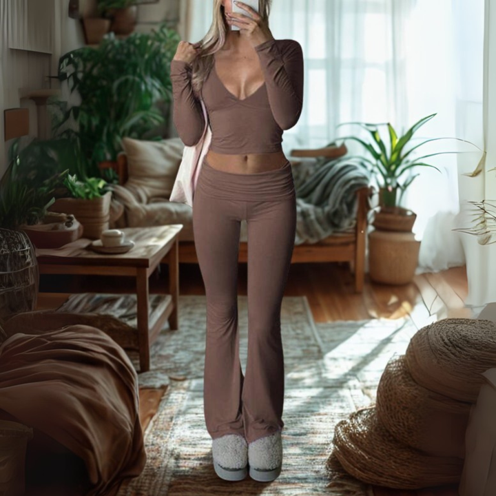 SINA™ - Cozy V-Neck Long Sleeve Crop Top & Trouser Set