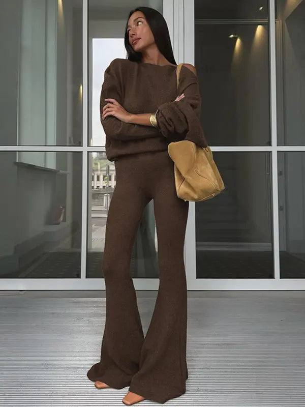 ONNA™ - Chic Asymmetrical Neck Top & Flared Pants Set