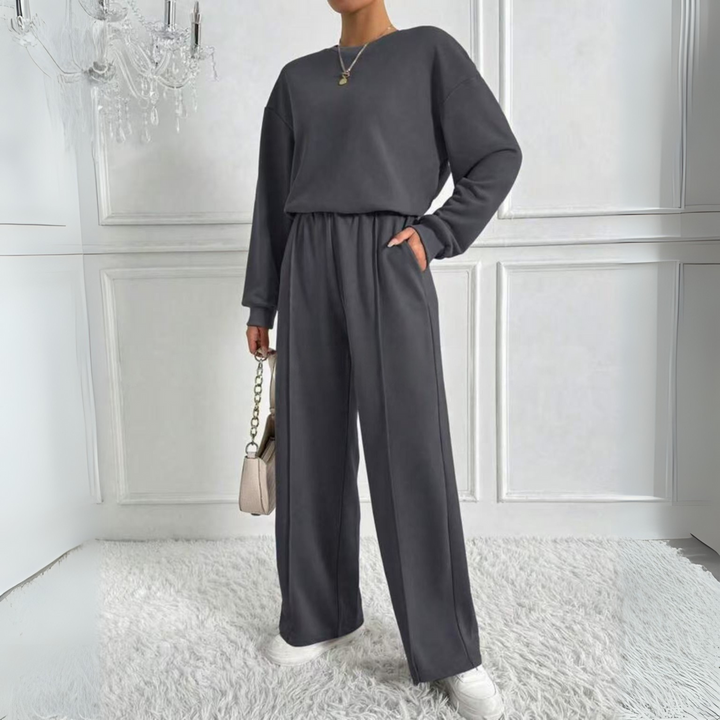AMBRA™ - Cozy Long Sleeve Sweatshirt and High-Waisted Pants Set