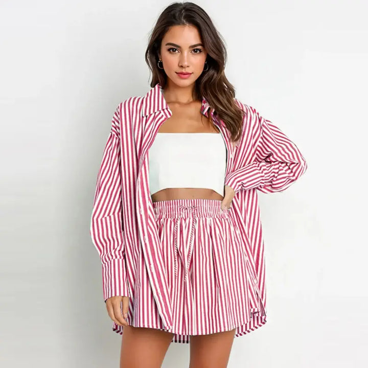 TIFY™ – Chic Striped Collared Shirt with Wide-Leg Shorts Set