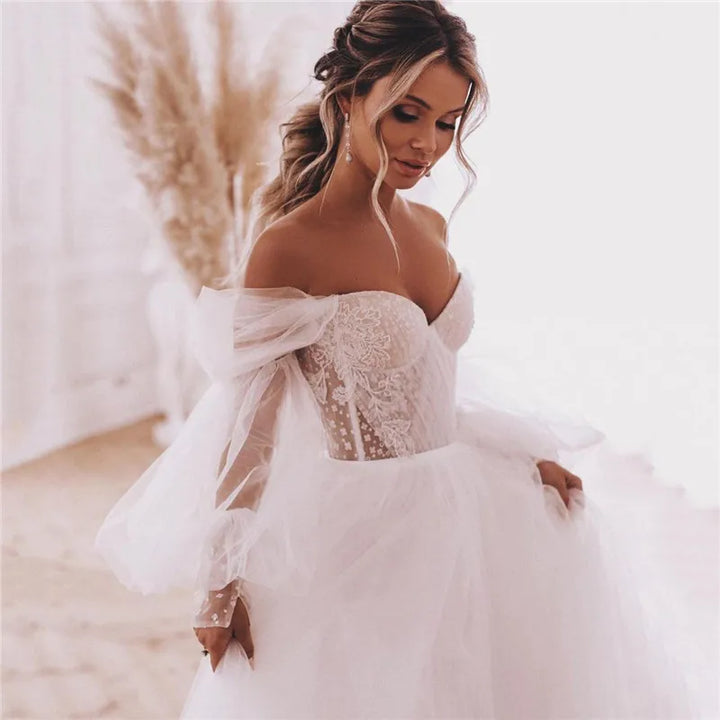 Ethereal Lace & Tulle Off-Shoulder Wedding Gown