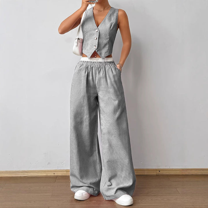 HELENA™ - Stylish Striped Vest and Flowy Wide-Leg Pants Set