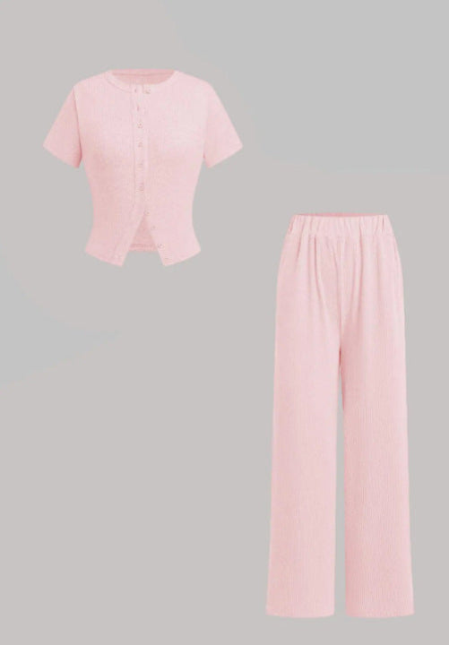MIRANDA™ - Casual Button-Up Blouse & Wide-Leg Pants Ensemble