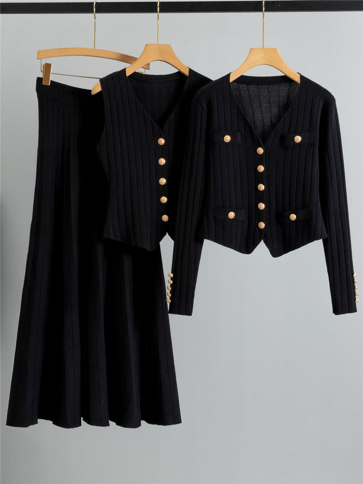 XANDY™ - Stylish V-Neck Button Vest Paired with High-Waisted Skirt