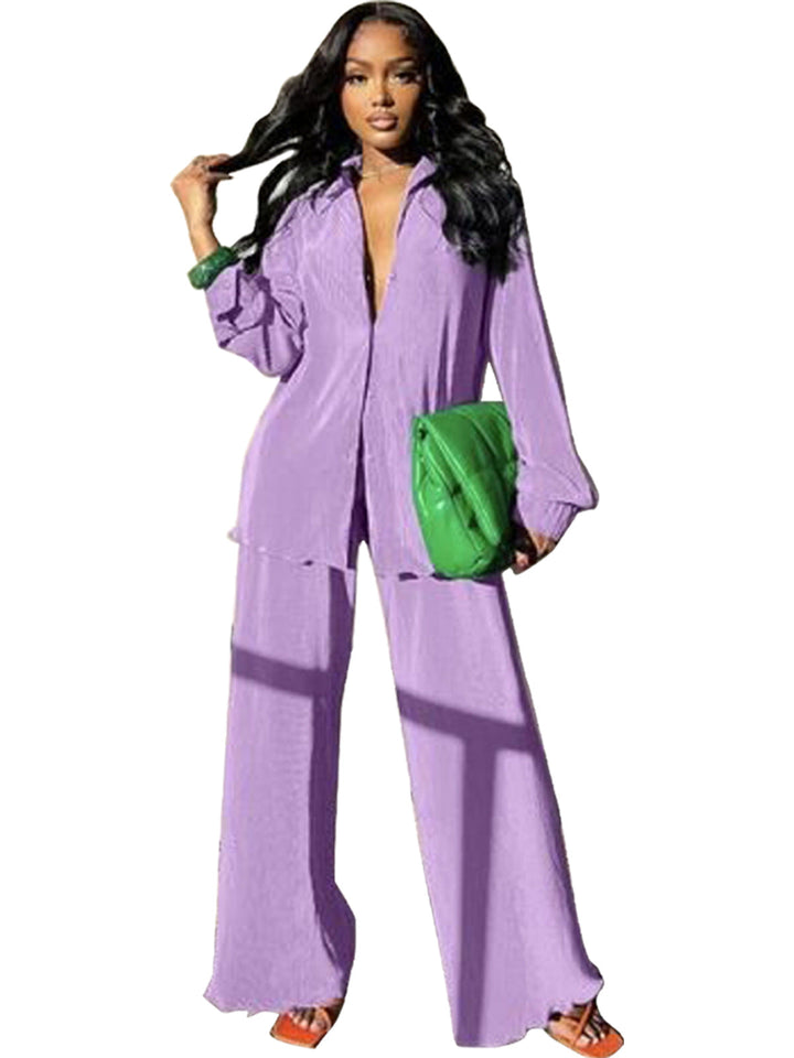 CLEO™ – Chic Long Sleeve Collared Top with Wide-Leg Pants Set