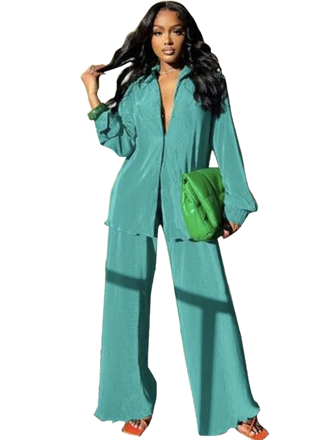 CLEO™ – Chic Long Sleeve Collared Top with Wide-Leg Pants Set