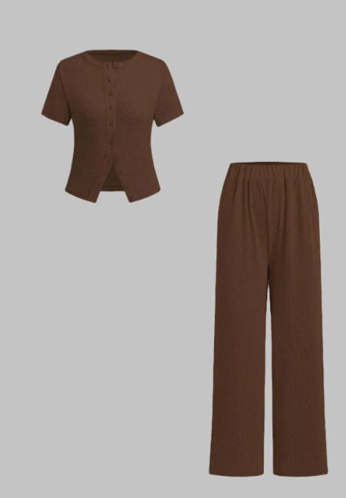 MIRANDA™ - Casual Button-Up Blouse & Wide-Leg Pants Ensemble
