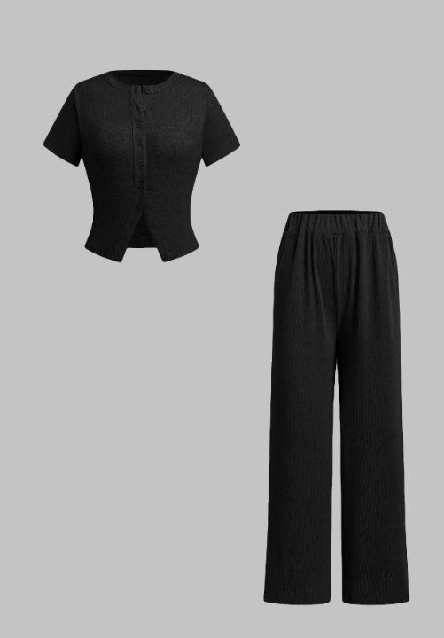 MIRANDA™ - Casual Button-Up Blouse & Wide-Leg Pants Ensemble