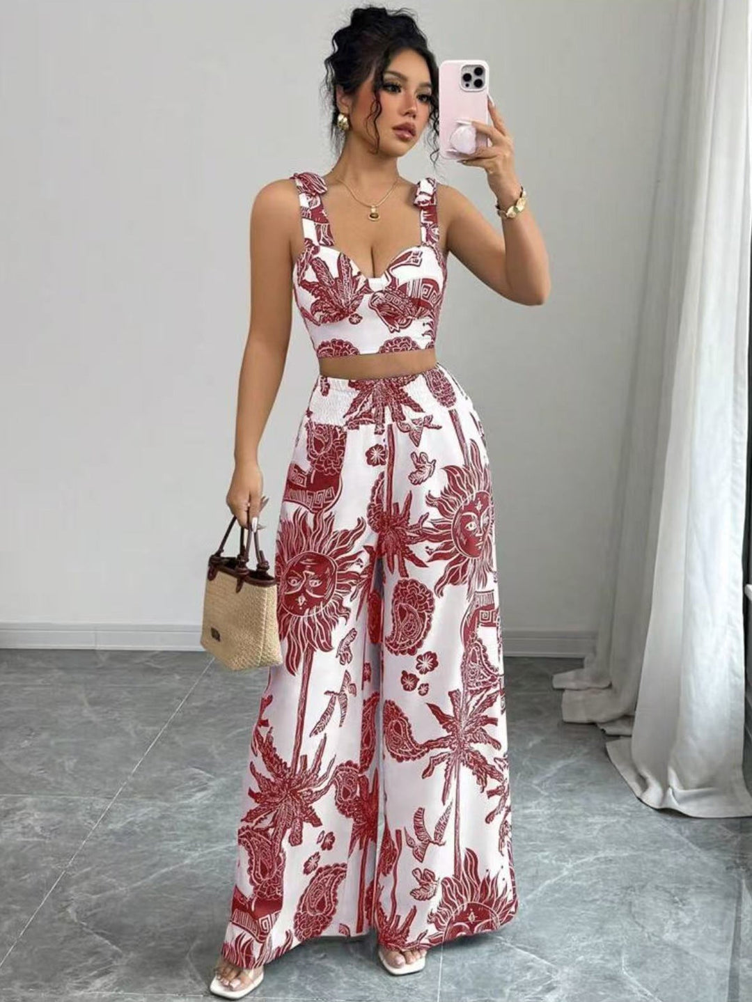 THAWDI™ - Stylish Boho Print Crop Top and Wide-Leg Pants Ensemble