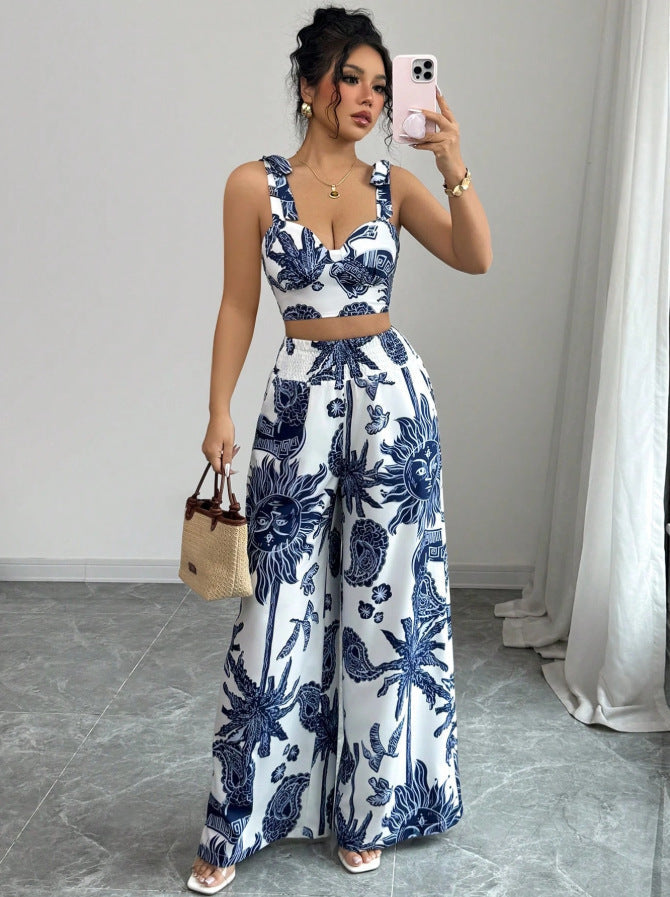 THAWDI™ - Stylish Boho Print Crop Top and Wide-Leg Pants Ensemble