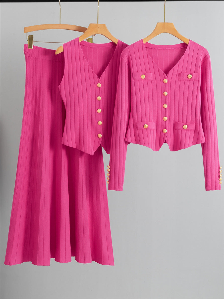 XANDY™ - Stylish V-Neck Button Vest Paired with High-Waisted Skirt