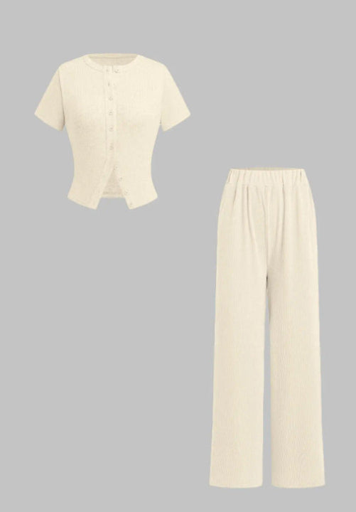 MIRANDA™ - Casual Button-Up Blouse & Wide-Leg Pants Ensemble