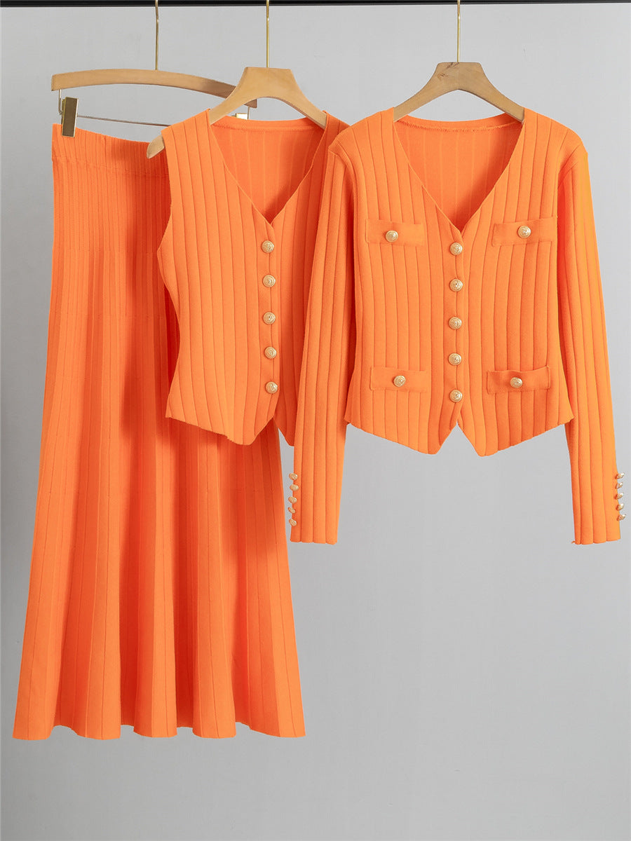 XANDY™ - Stylish V-Neck Button Vest Paired with High-Waisted Skirt