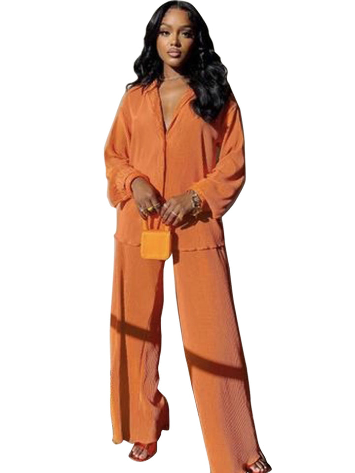 CLEO™ – Chic Long Sleeve Collared Top with Wide-Leg Pants Set