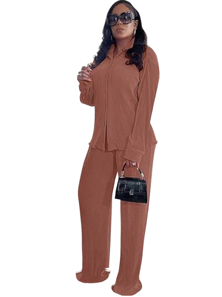 CLEO™ – Chic Long Sleeve Collared Top with Wide-Leg Pants Set