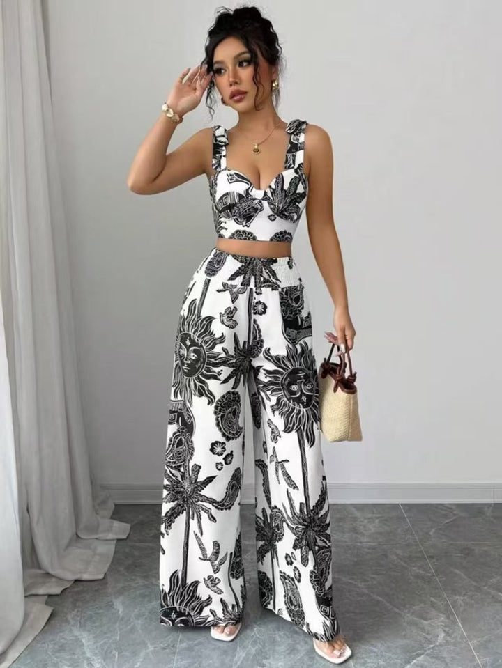 THAWDI™ - Stylish Boho Print Crop Top and Wide-Leg Pants Ensemble