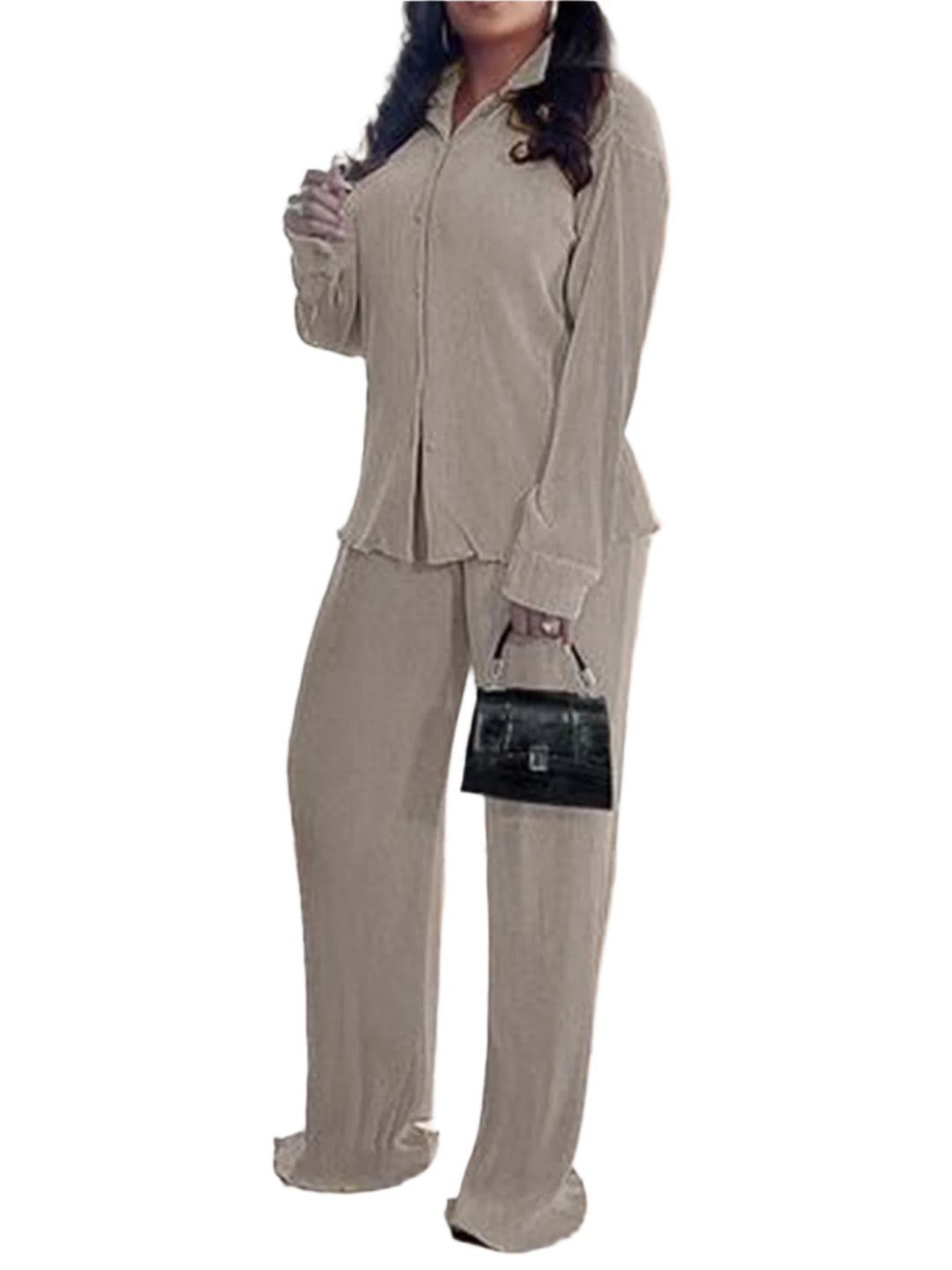 CLEO™ – Chic Long Sleeve Collared Top with Wide-Leg Pants Set