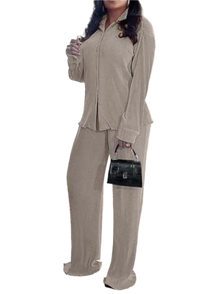 CLEO™ – Chic Long Sleeve Collared Top with Wide-Leg Pants Set