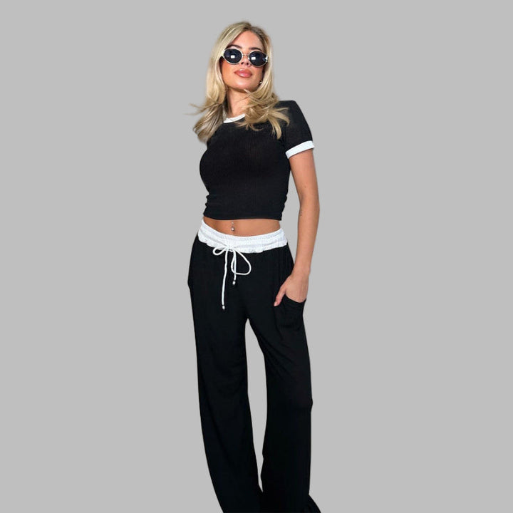PLATU™ - Casual Short Sleeve Top with Breezy Wide Leg Pants Set