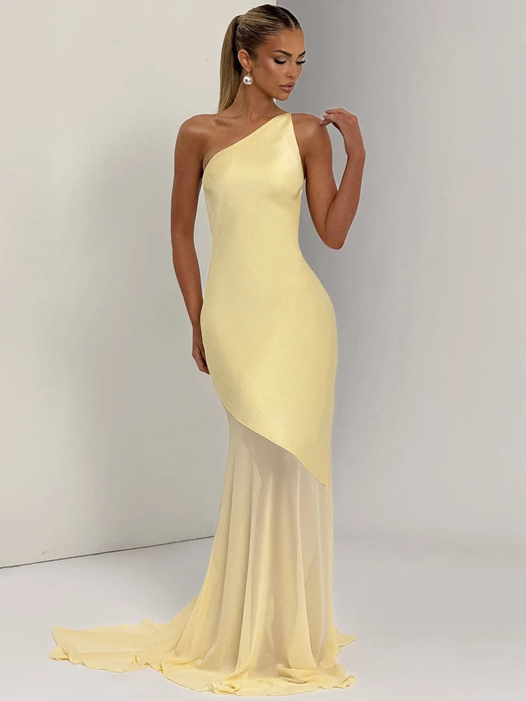 Maddy One-Shoulder Yellow Evening Gown with Sheer Hem