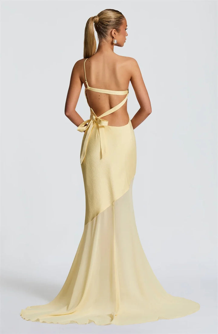 Maddy One-Shoulder Yellow Evening Gown with Sheer Hem