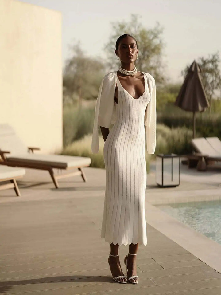 Dion White Ribbed Knit Midi Dress