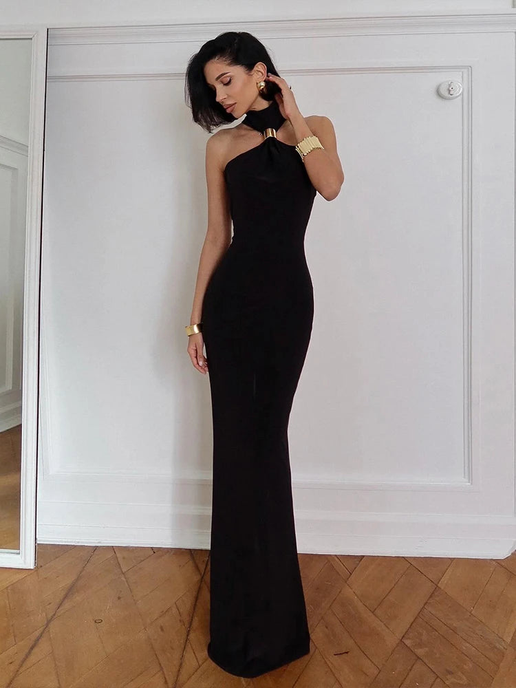Stefanie Elegant Black Halter Neck Evening Gown