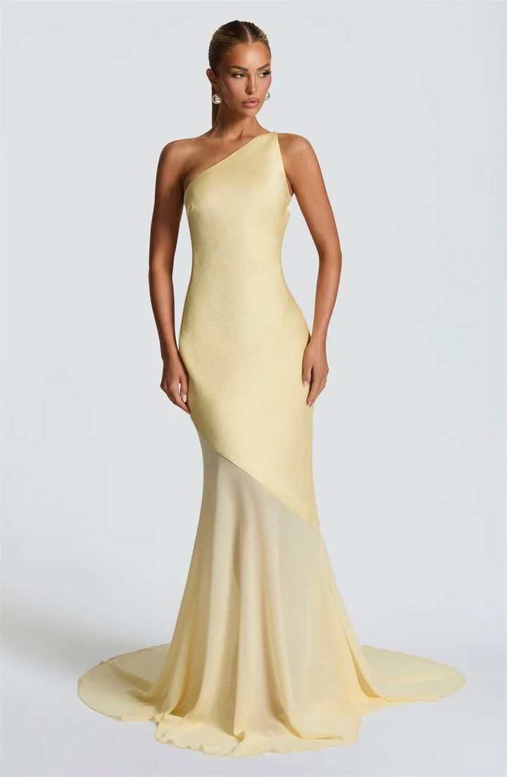 Maddy One-Shoulder Yellow Evening Gown with Sheer Hem