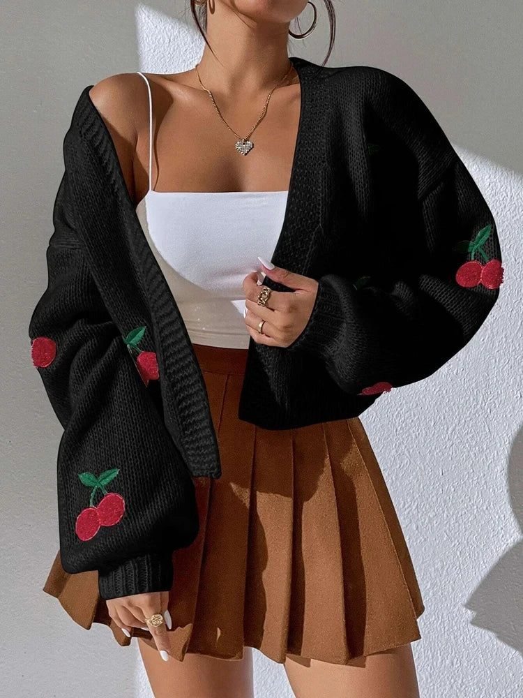 Nicci Cherry Embroidered Knit Cardigan