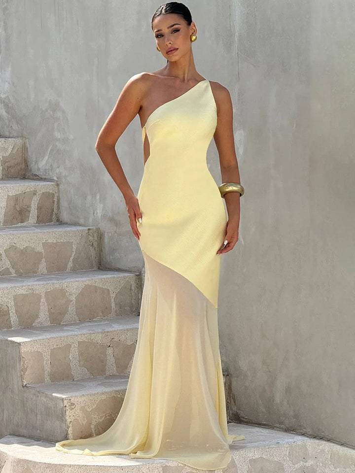 Maddy One-Shoulder Yellow Evening Gown with Sheer Hem