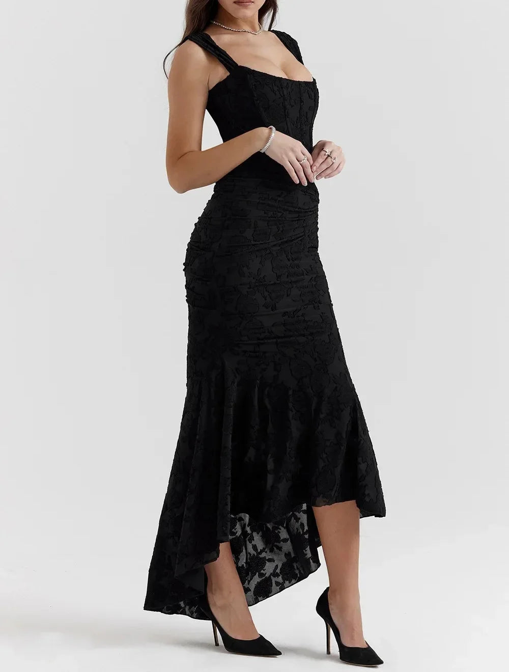 Wilma Ruched Lace Midi Evening Dress