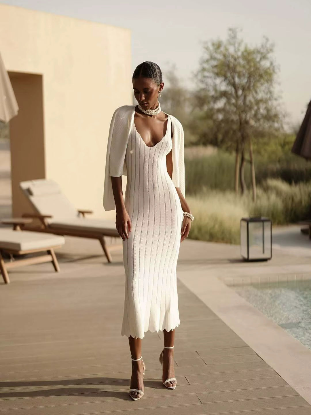 Dion White Ribbed Knit Midi Dress