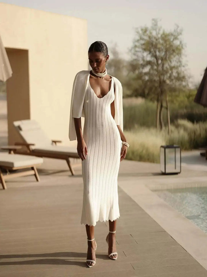 Dion White Ribbed Knit Midi Dress