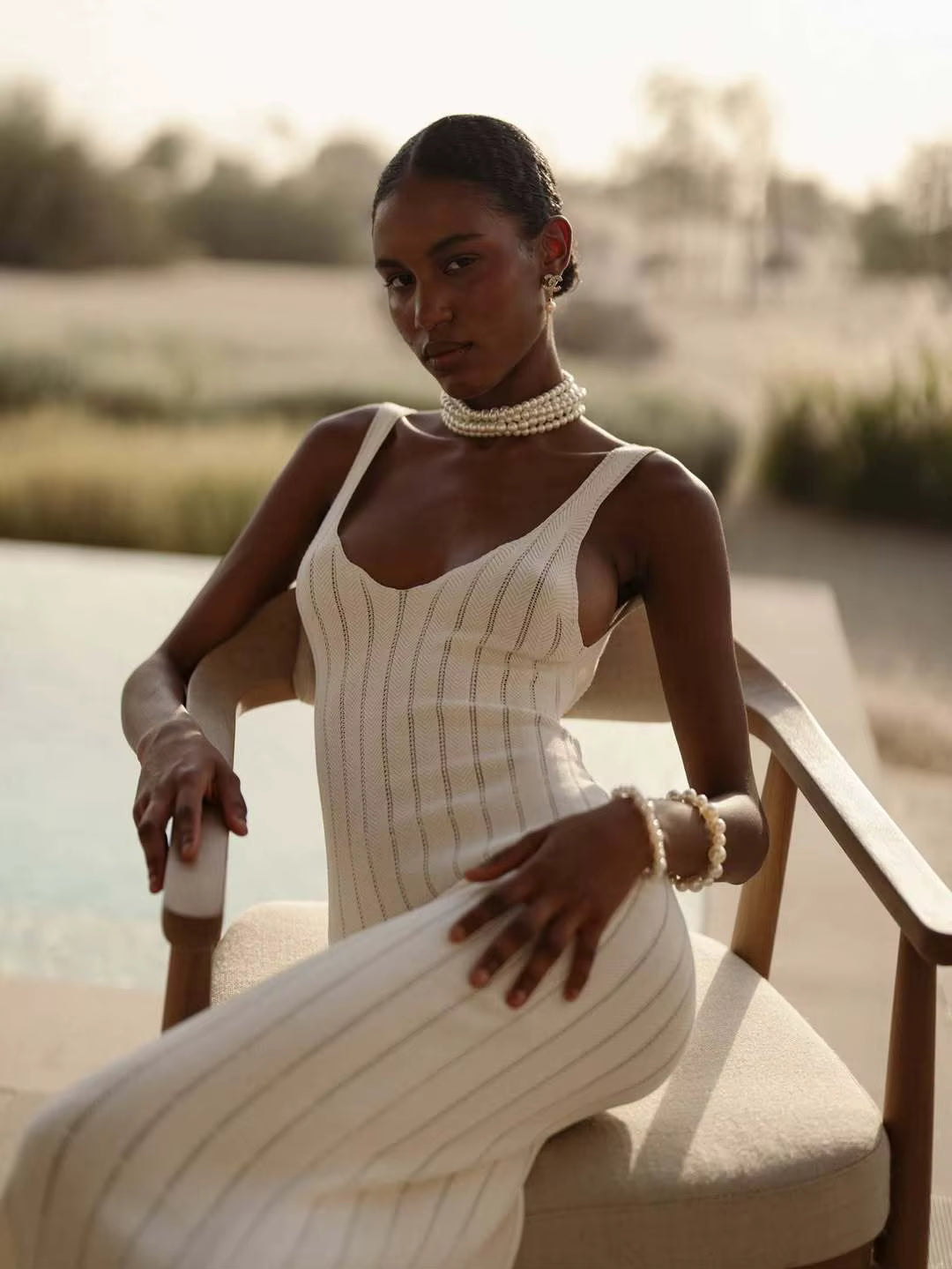 Dion White Ribbed Knit Midi Dress