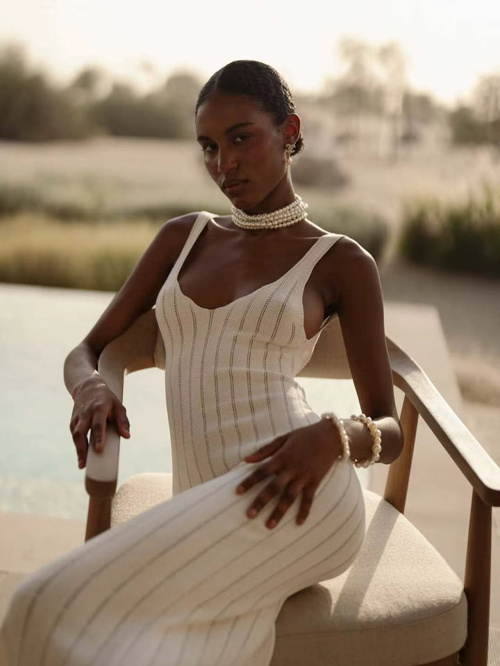 Dion White Ribbed Knit Midi Dress