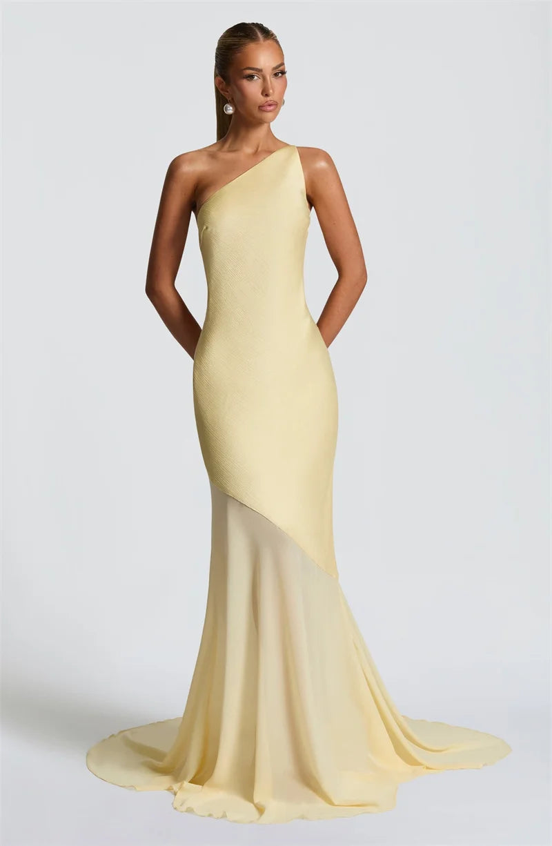 Maddy One-Shoulder Yellow Evening Gown with Sheer Hem